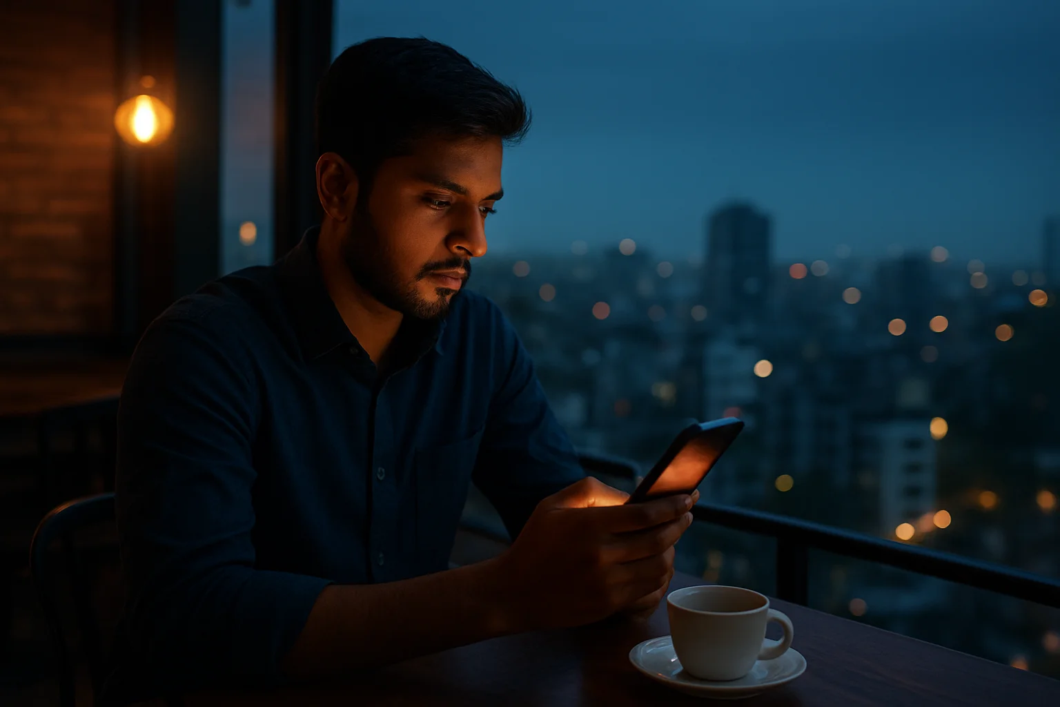 Young professional using casino app on smartphone at Dhaka rooftop cafe