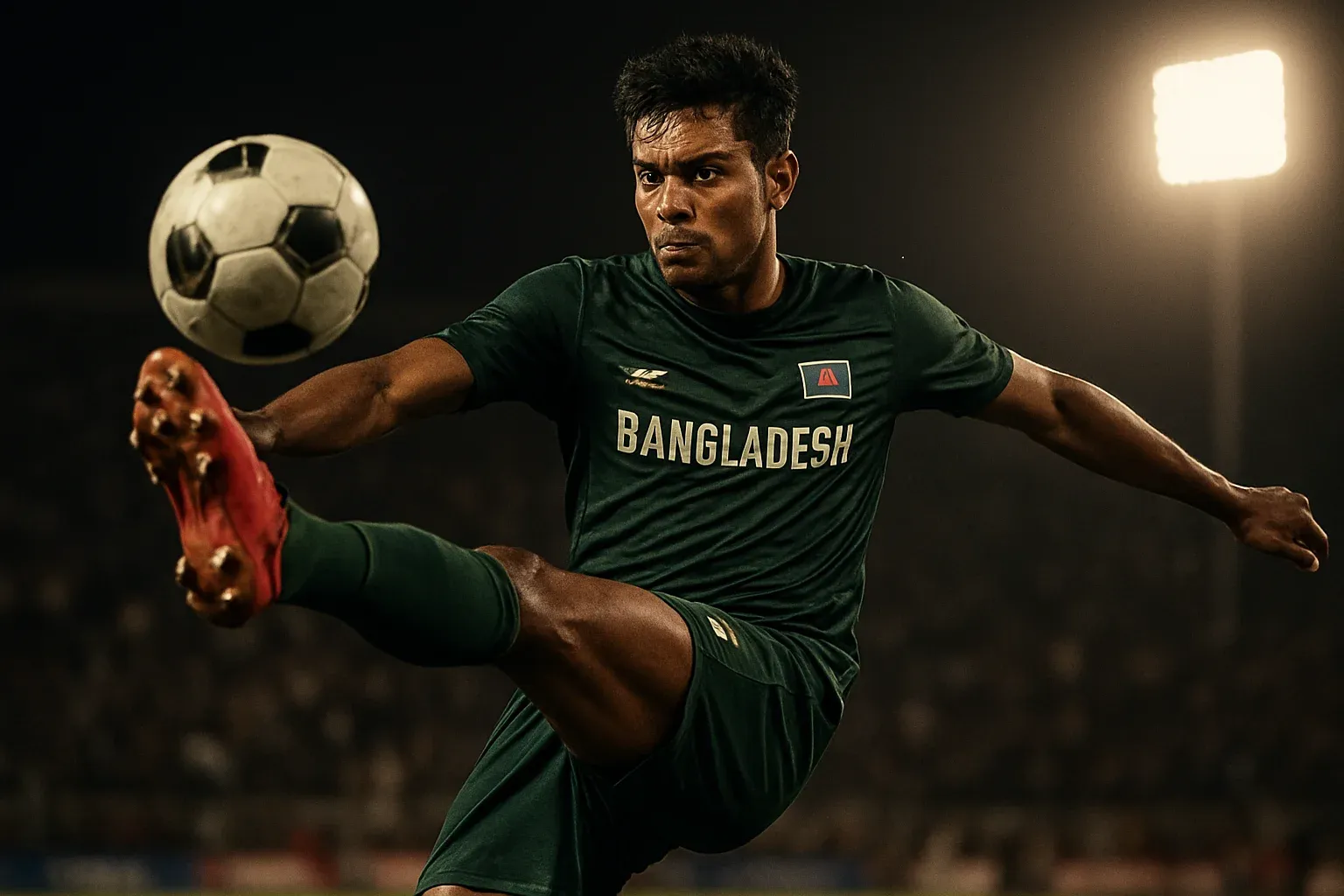Bangladeshi male footballer in dark green jersey performing powerful volley kick