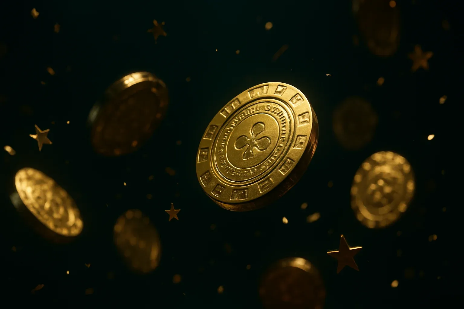 Golden casino chips raining in slow motion with bonus stars