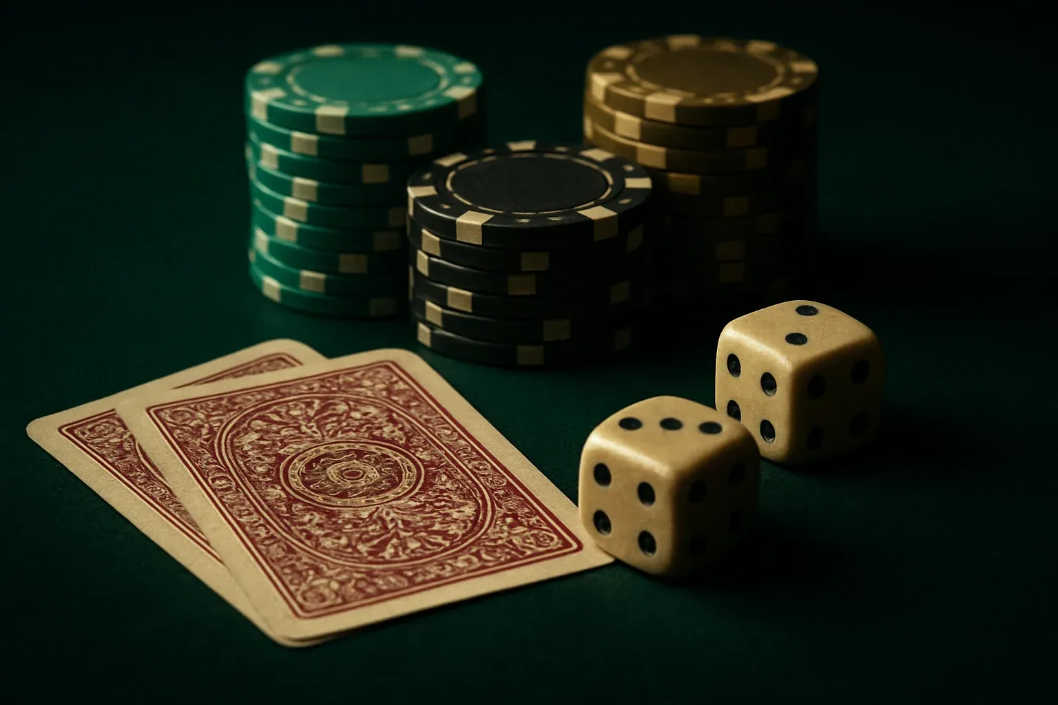 Poker chips, cards, and dice on dark velvet surface