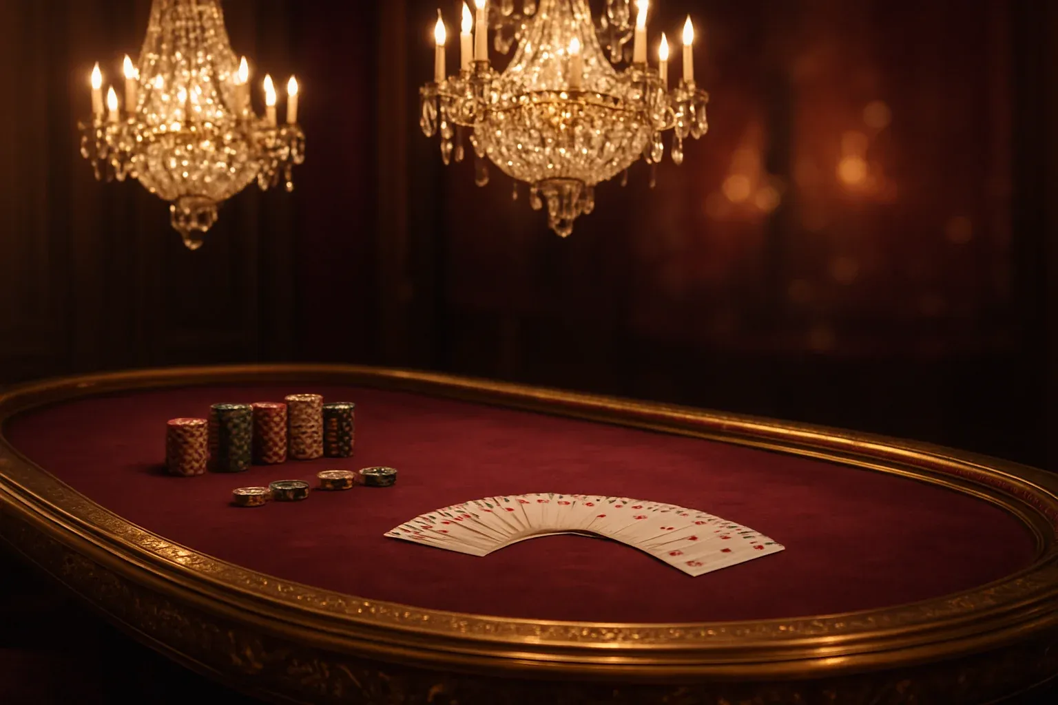 Hyperrealistic luxury live baccarat studio with golden table and chandeliers