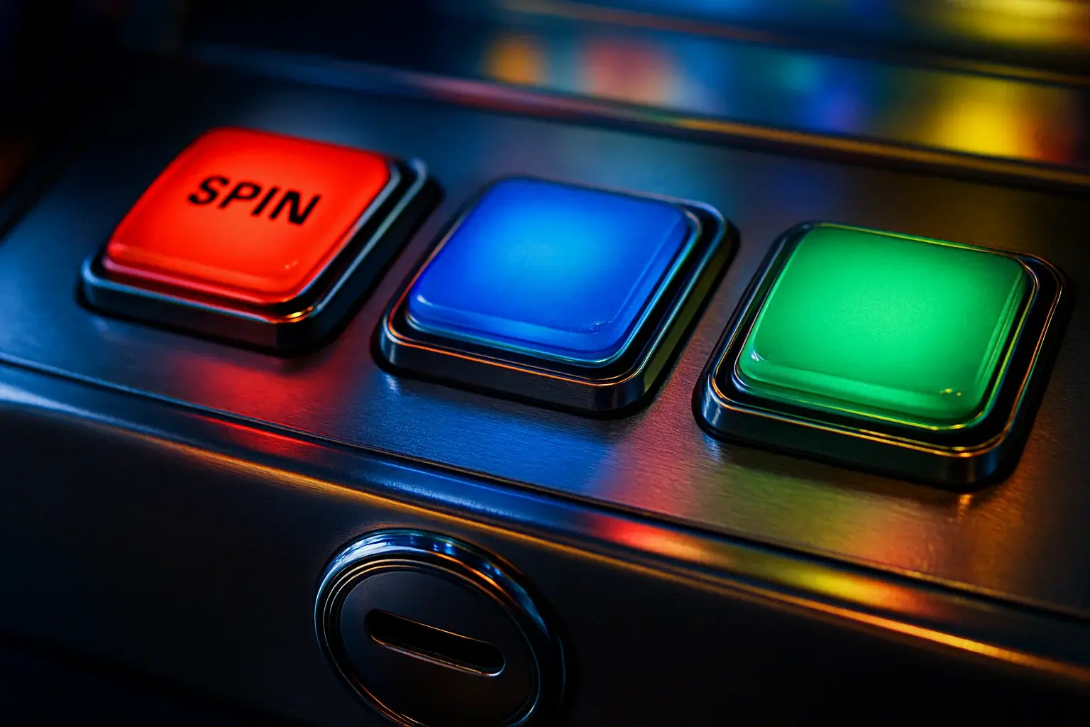 Close-up of illuminated slot machine buttons with chrome details and coin slot